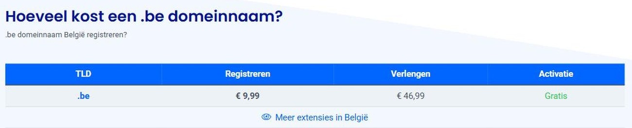 Prijstabel van Combell: een .be-domeinnaam kost 9,99 euro registreren en 46,99 euro verlengen