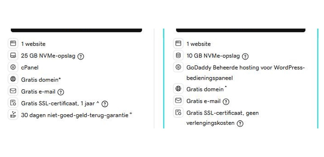 Detail van de GoDaddy-pakketten: gratis domein met sterretje en een SSL-certificaat dat maar één jaar gratis is