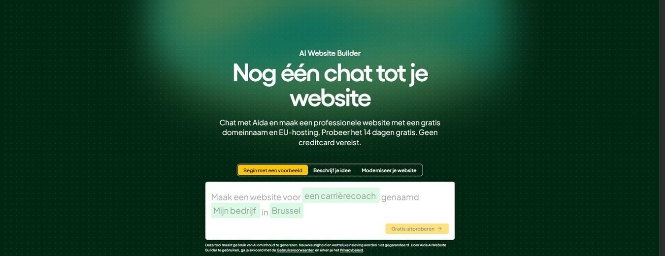 De AI website builder van one.com: chat met Aida en maak een website met gratis domeinnaam en EU-hosting, 14 dagen gratis te proberen