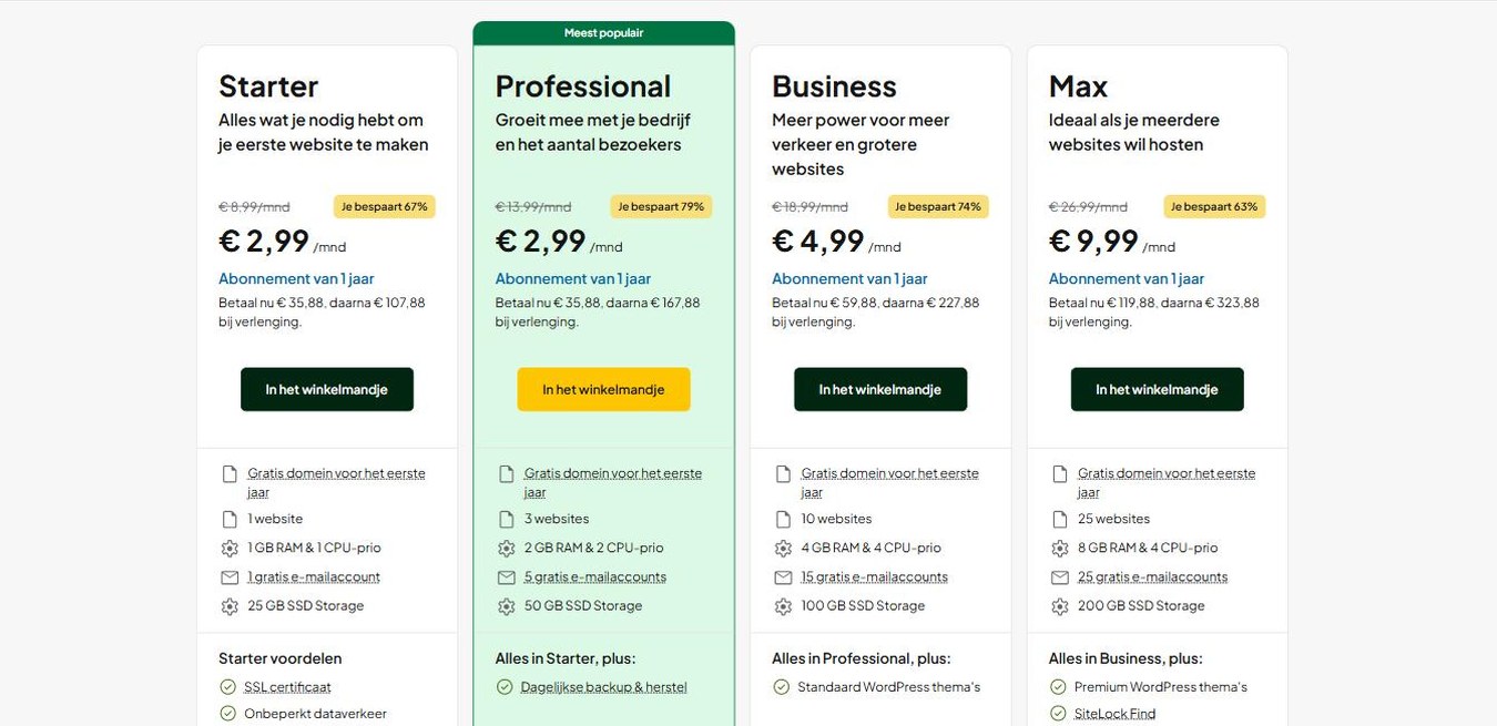 Hostingpakketten en prijzen van one.com in augustus 2026: Starter, Professional, Business en Max